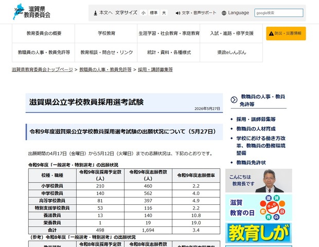 令和9年度滋賀県公立学校教員採用選考試験の出願状況について