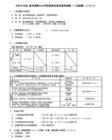 令和9年度 鹿児島県公立学校教員等採用選考試験（1次試験）について