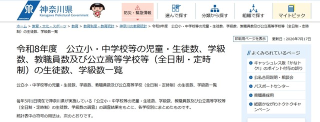令和8年度　公立小・中学校等の児童・生徒数、学級数、教職員数および公立高等学校等（全日制・定時制）の生徒数、学級数一覧