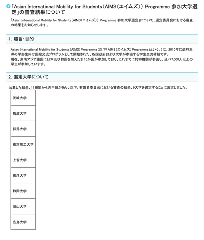「Asian International Mobility for Students（AIMS（エイムズ））Programme 参加大学選定」の審査結果について