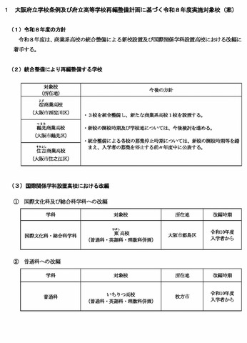 大阪府立学校条例および府立高等学校再編整備計画に基づく令和8年度実施対象校（案）