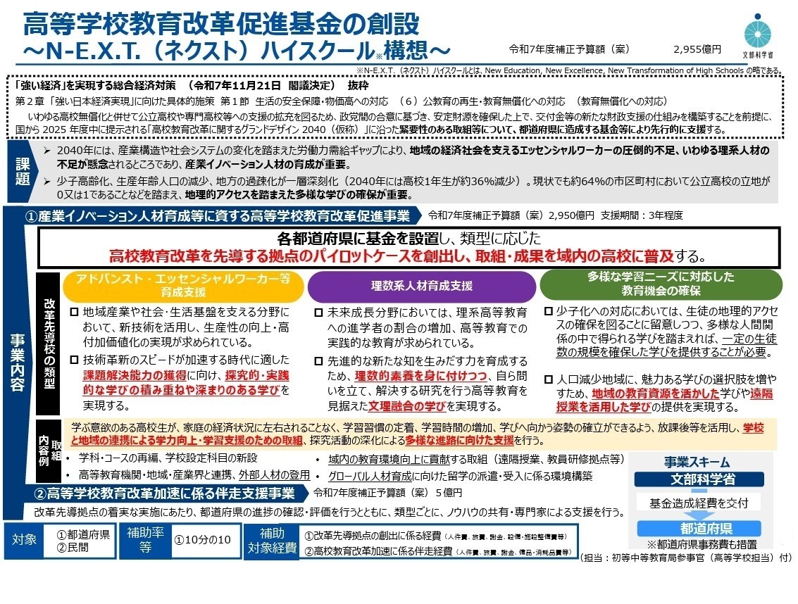 ネクストハイスクール構想で基金創設…2025年度補正予算案 | 教育業界